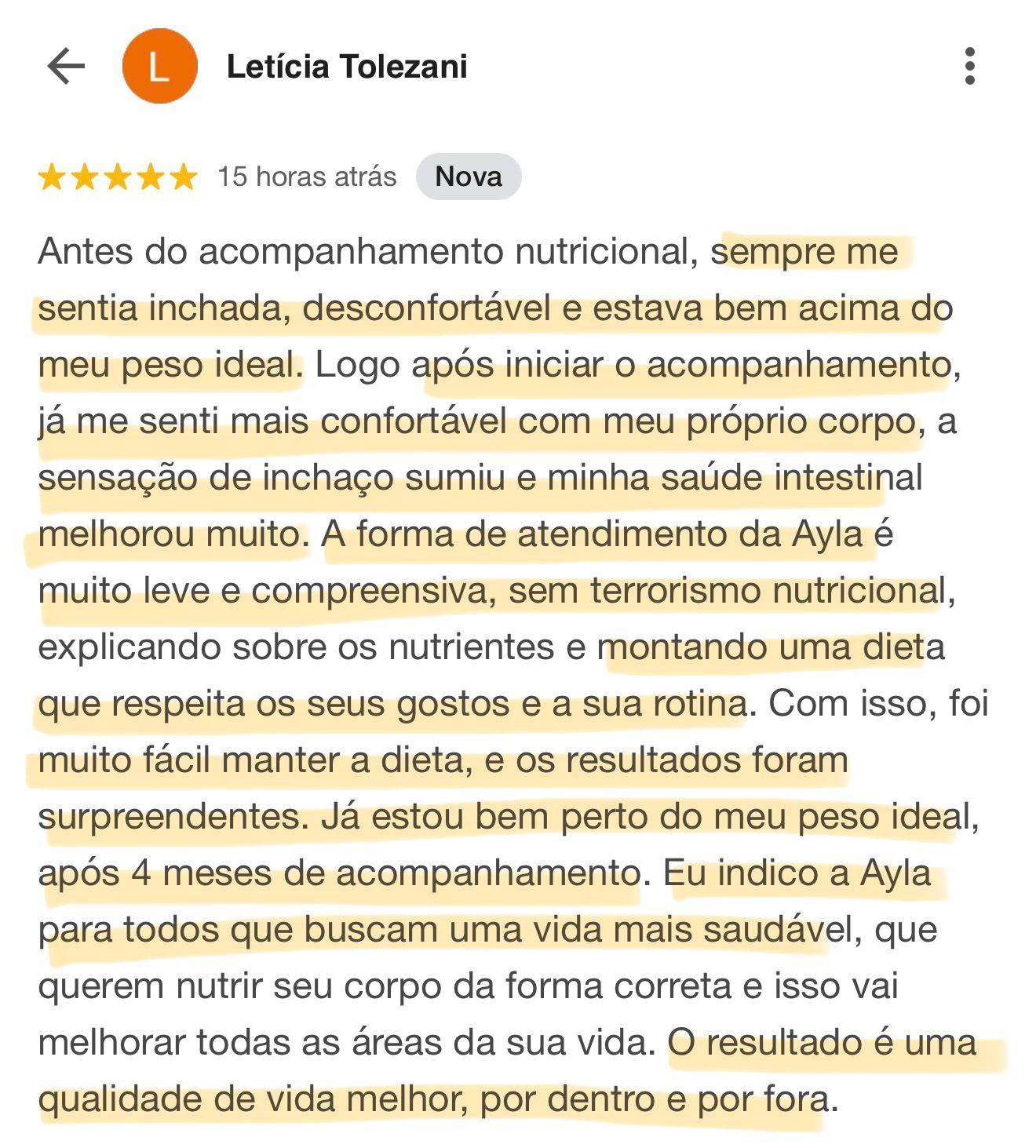 Avaliação 5 estrelas de Letícia Tolezani no Google Reviews